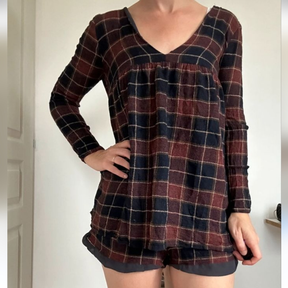 Zara Plaid LSleeve top w/attached shorts & POCKETS! excellent used cond MEDIUM
